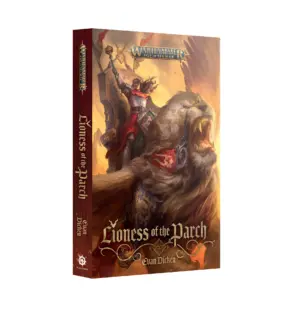 Heroic figure riding a lion under a vibrant Warhammer sky, symbolizing adventure and courage.
