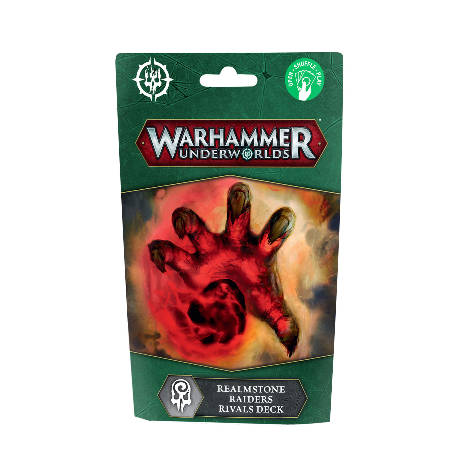 Vivid green packaging of the Realmstone Raiders Rivals Deck for Warhammer Underworlds with dynamic artwork.