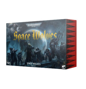 Epic Space Wolves game set featuring dynamic artwork and detailed miniatures for intense tabletop battles.