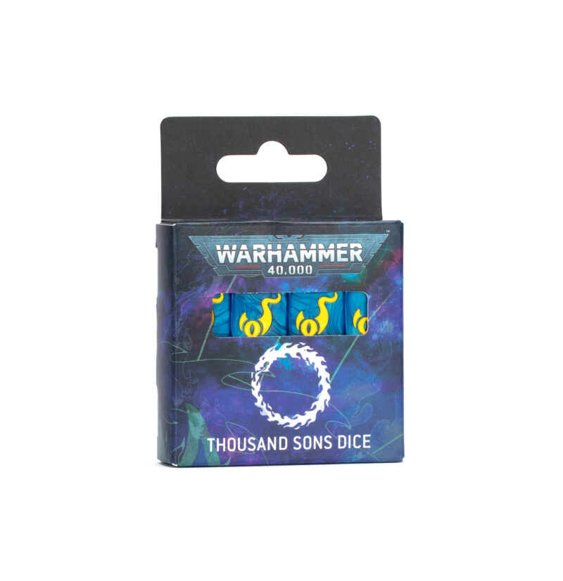 Thousand Sons Warhammer 40K dice set in vibrant blue, turquoise, and purple packaging.