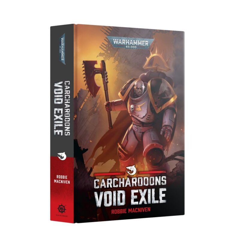 Carcharodons: Void Exile book cover featuring a fierce Space Marine in a dark Warhammer setting.