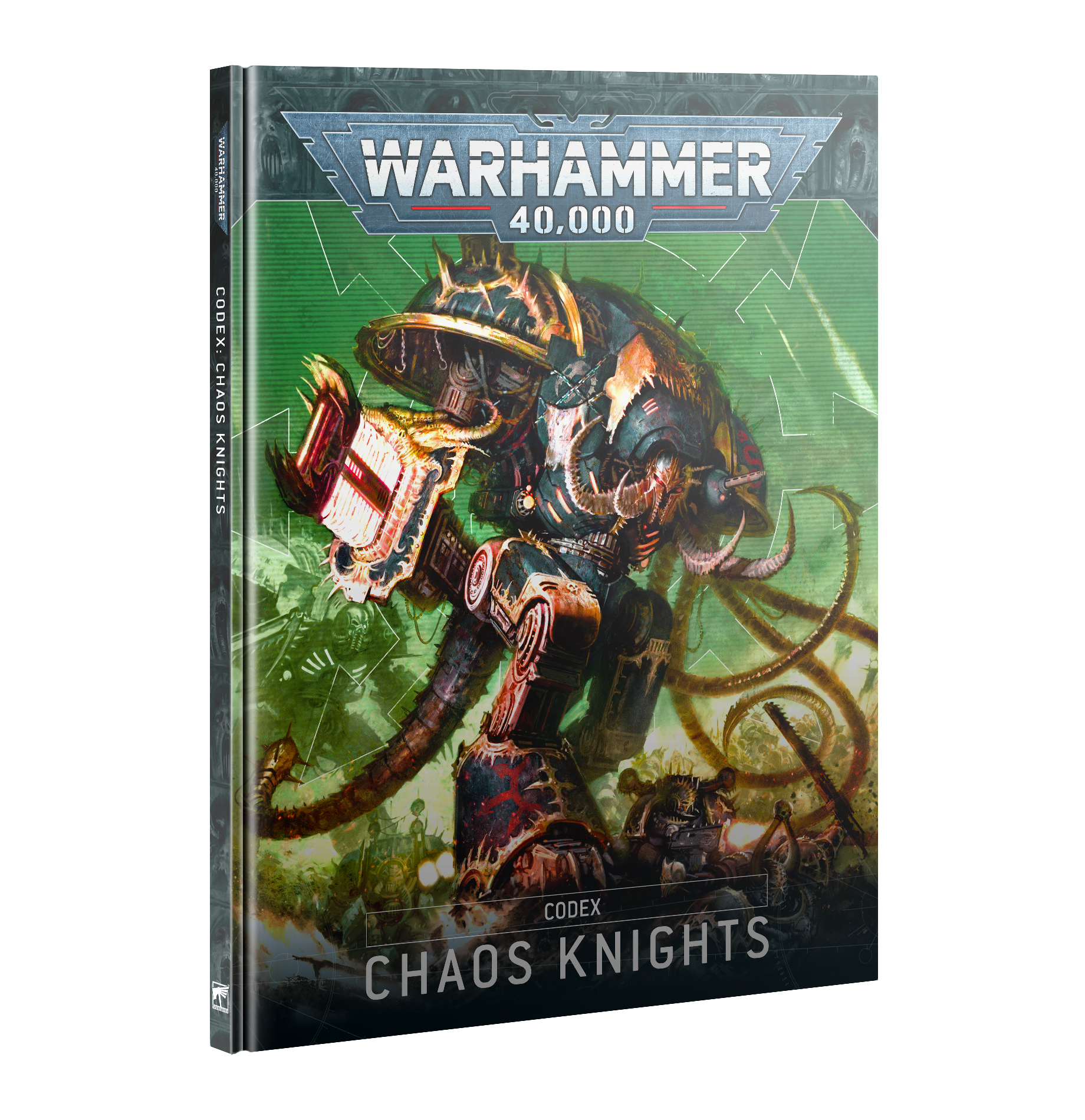 Chaos Knights Codex cover features a towering war machine amid a dark, chaotic backdrop.