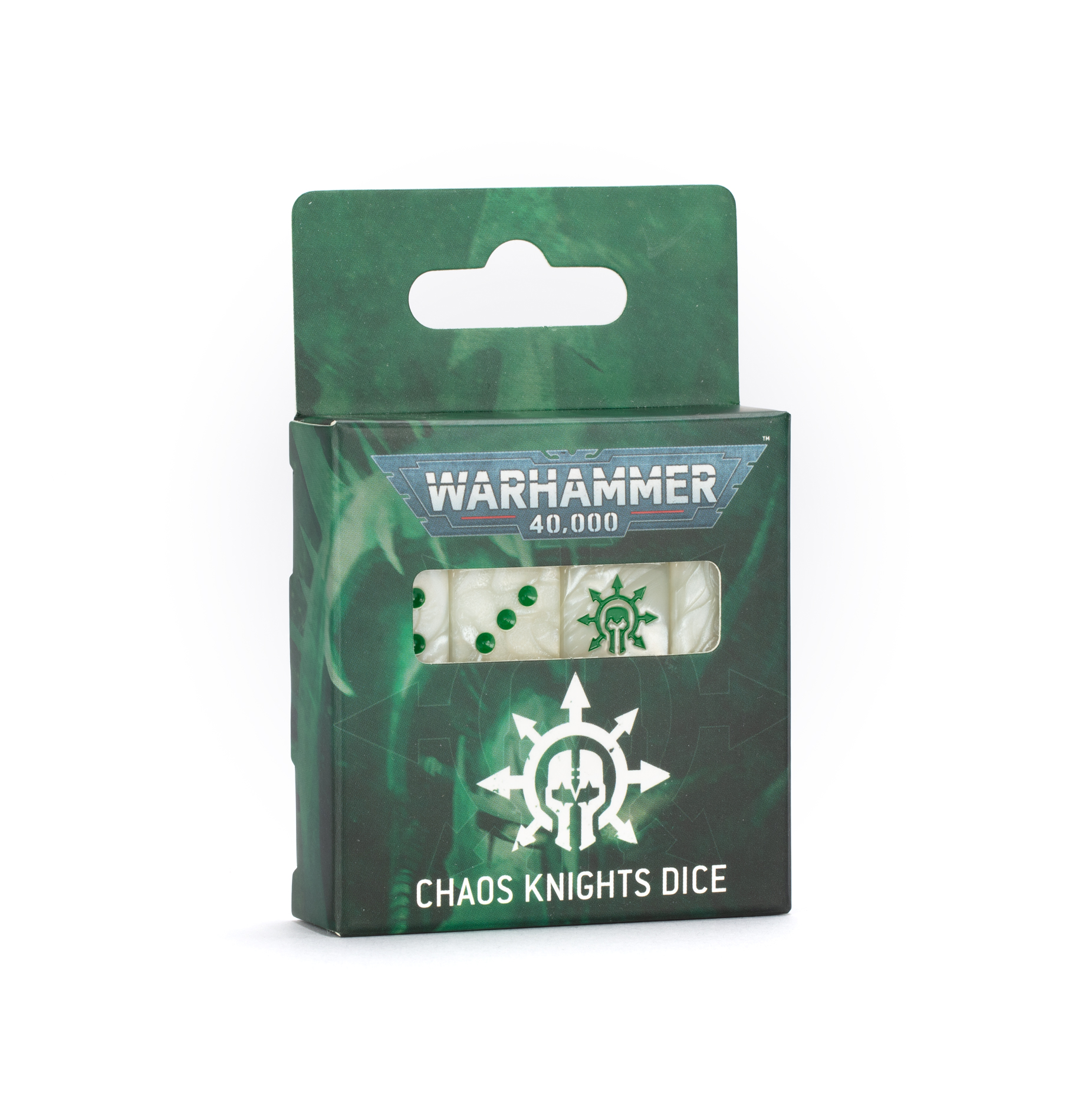 Chaos Knights Dice for Warhammer 40,000 in green packaging with white and green pips.